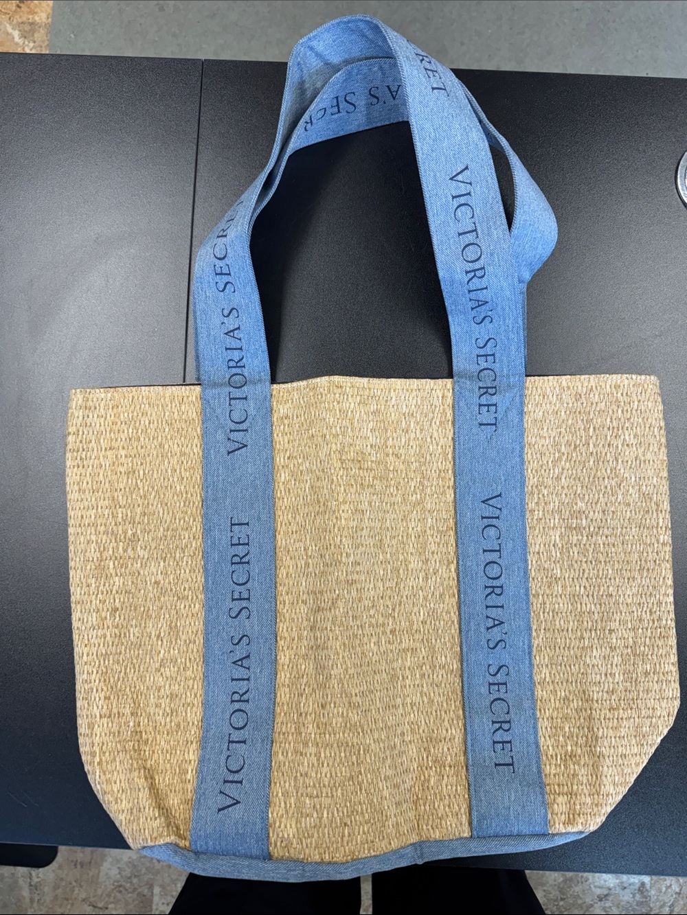 Victoria's Secret Natural Straw Tote with Blue Logo Straps